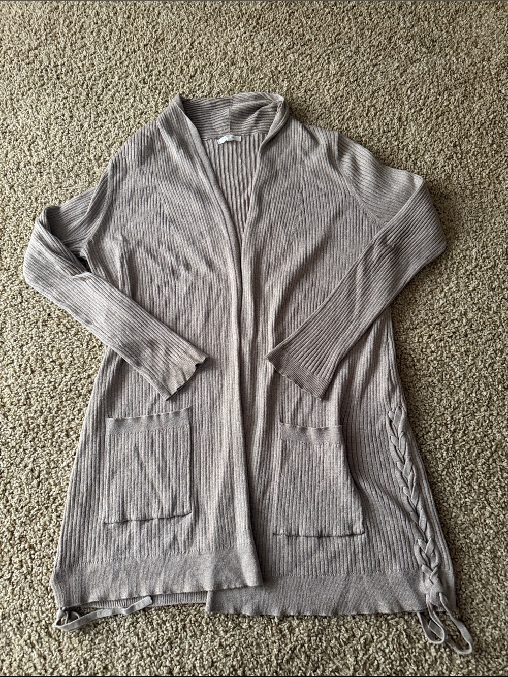 Maurices Taupe Ribbed Open-Front Cardigan with Side Braid